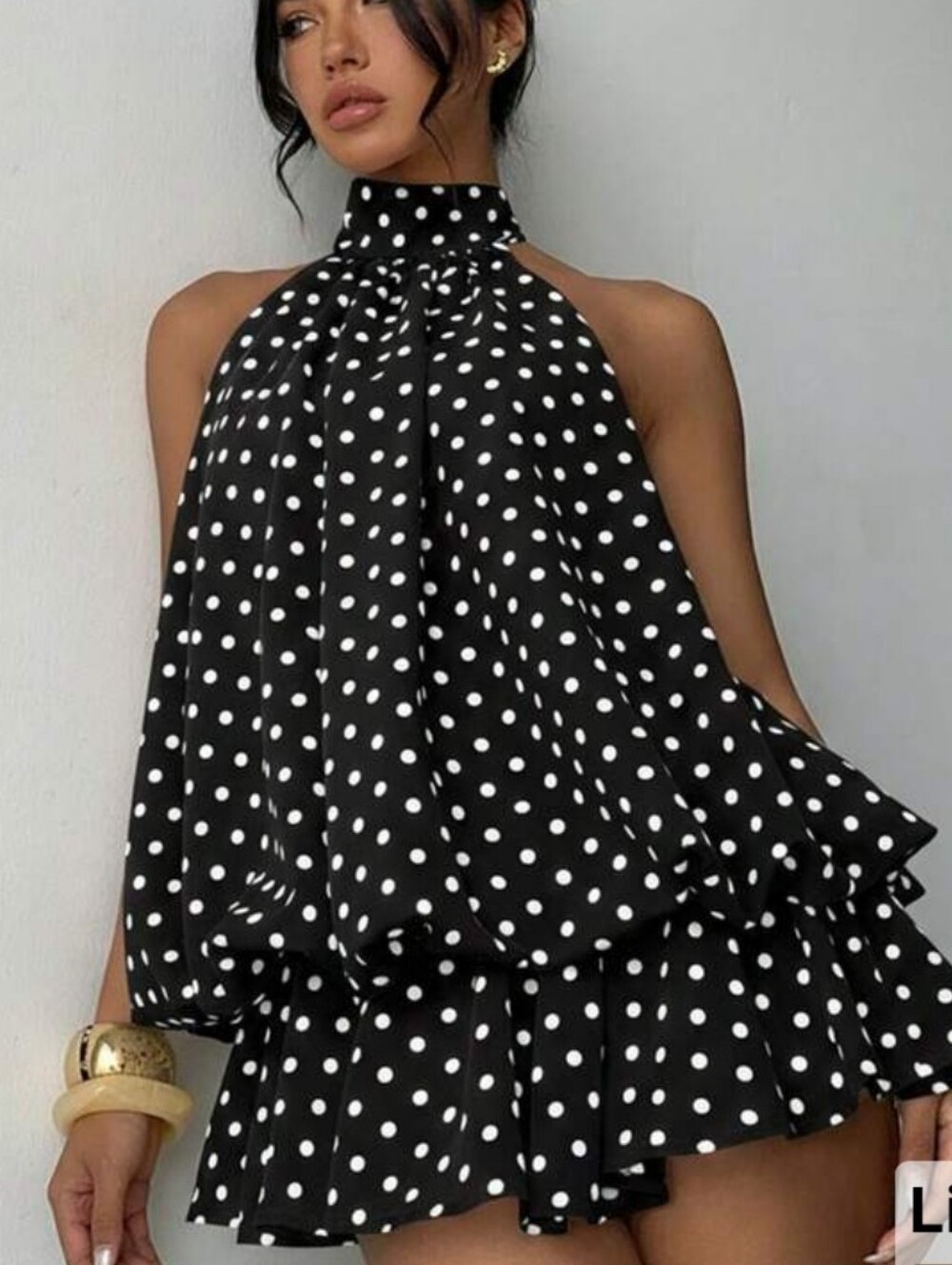 Black & White Polka Dot High-Neck Ruffled Mini Romper